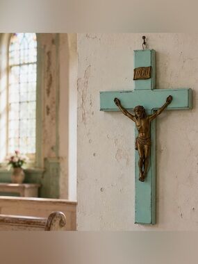 Original Vintage Fine Art Cross Crucifix Solid Wood Brass Metal Jesus Christ 12”